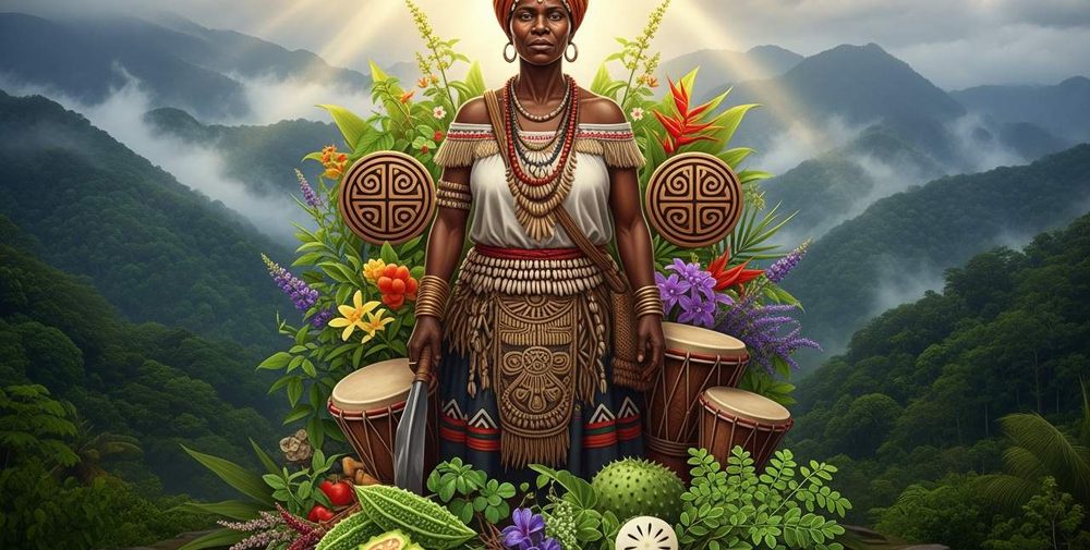 An illustrated Jamaican healer standing among mountains, drums, tropical flowers, and fresh island produce