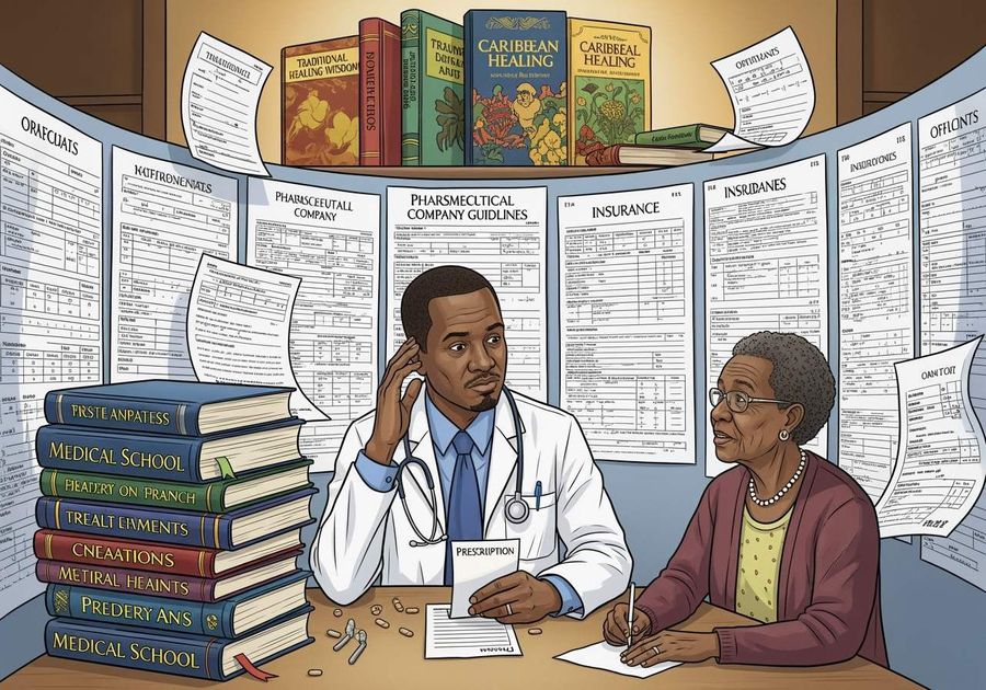 Illustration of a senior woman reviewing her health plan together with her doctor