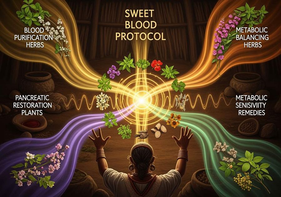 Colorful illustration of four streams of herbs and flowers flowing together