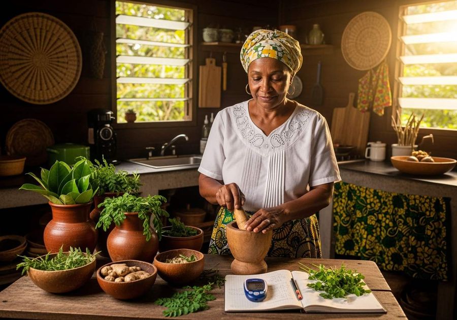A woman starting her morning in a sunlit island kitchen with fresh herbs and her checking routine
