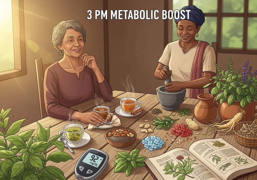 Two women sharing afternoon tea at a table with herbs, a journal, and a glucose meter