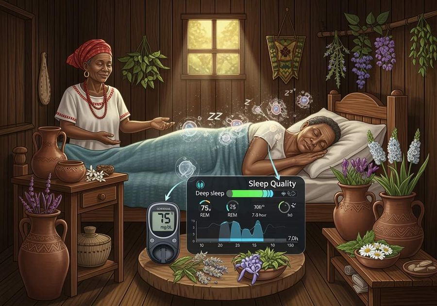 A peaceful bedroom scene with a woman sleeping soundly beside lavender and a sleep-quality display