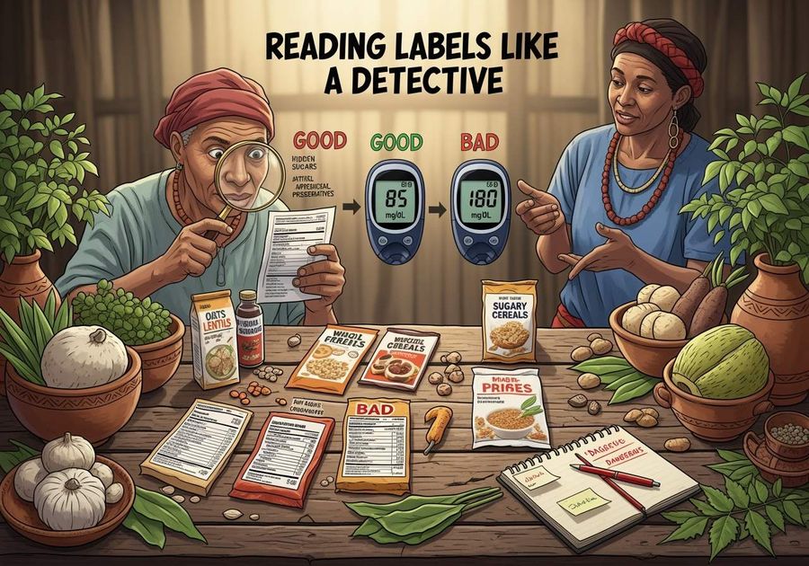 Two people examining food packages with a magnifying glass, learning to read labels like detectives