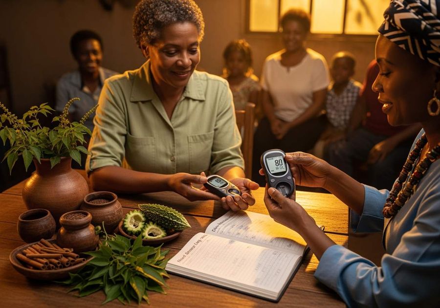 A younger woman helping a senior woman check her glucose meter beside an open logbook, family nearby